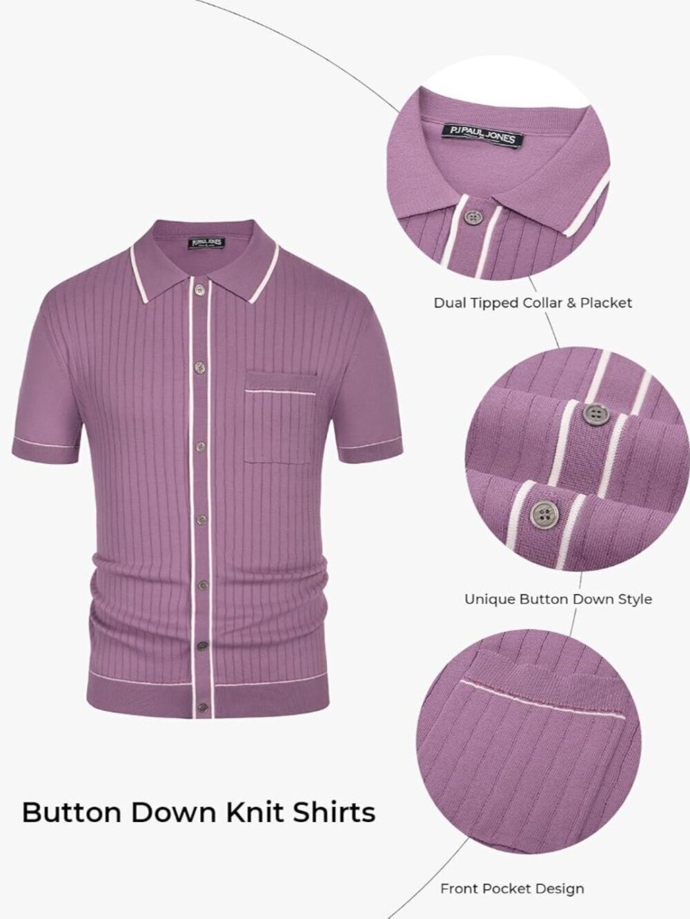 Men's Purple Short Sleeve 70s Vintage Polo Contrast Knit Retro Top Casual Shirt - Picture 5 of 6